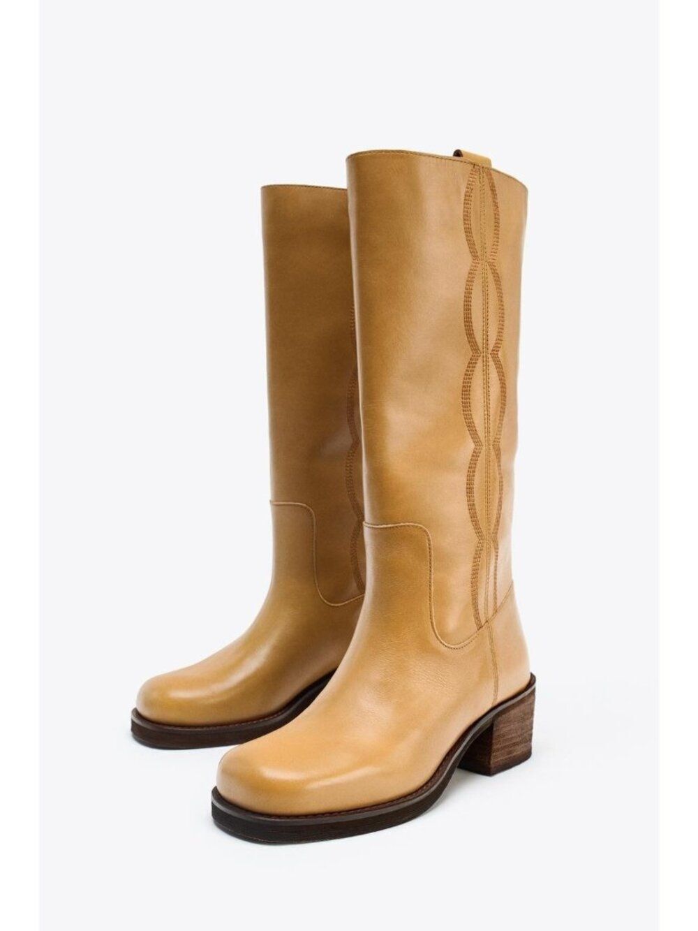 Zara Womens Leather Boots Decorative Stitching EU 38 US 7.5 Tan 3064/510 NWOB